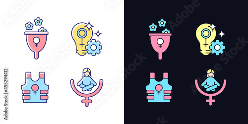 Modern feminism light and dark theme RGB color icons set. Support women wellbeing. Fulfill female potential. Isolated vector illustrations on white and black space. Simple filled line drawings pack