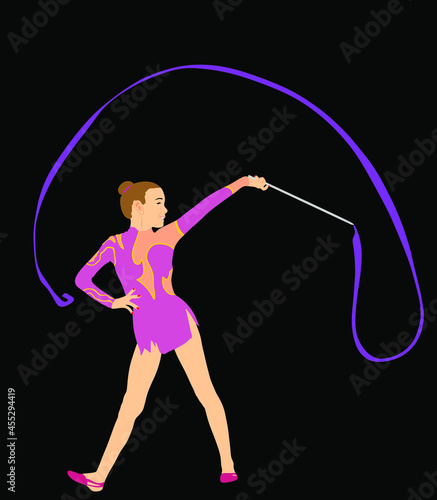 Grace ballet dancer girl vector illustration figure performance isolated on black background. Gymnastic flexible woman in leotard. Rhythmic Gymnastics lady with ribbon. Athlete woman in gym exercise.
