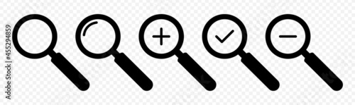 Magnifying glass icon set. Symbols of search with magnifier. Loupe icons isolated on transparent background. Vector illustration.
