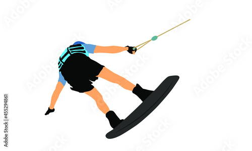 Water skiing vector illustration isolated on white background. Water ski sport. Summer time on beach. Ski acrobat on the sea. Lifeguard water patrol on duty. Kite surfer or parasailing. Kite boarding.
