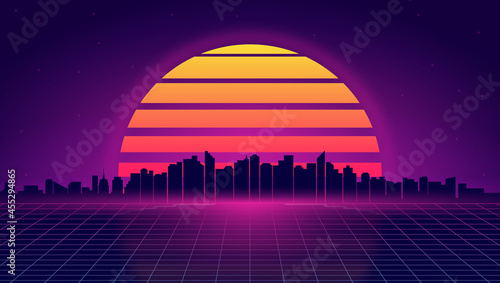 Retro futuristic night cityscape. Retrowave and synthwave style illustration of night city skyline. Retro poster, banner or flyer design in 1980s style. Vector.