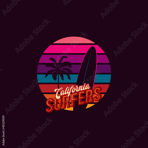 Original vector retro print with a palm tree and a surfboard, on the background of a sunset in the style of the 80s.