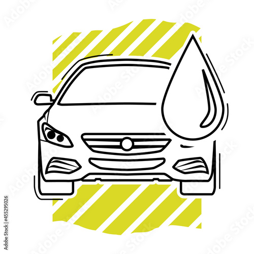 Thin line art automotive symbol. Illustration of a sedan car combined with oil drops. White background.