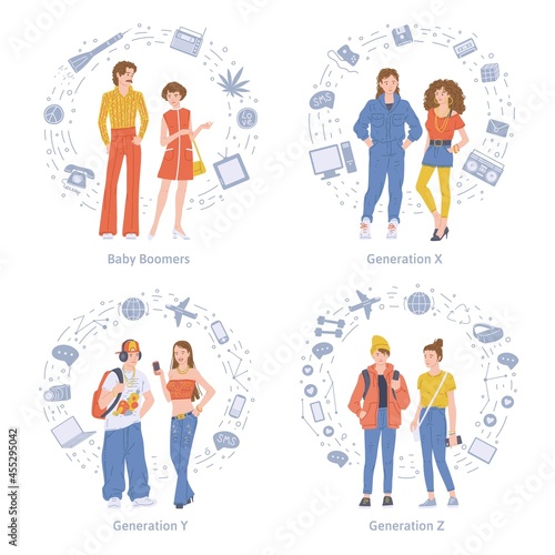 Baby boomers and X,Y and Z generations flat vector illustration isolated.
