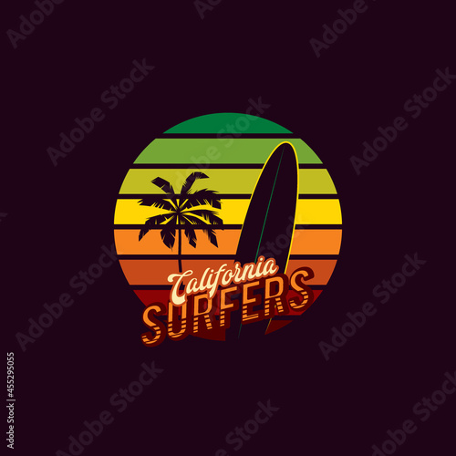Photography Original vector retro print with a palm tree and a surfboard, on the background of a sunset in the style of the 80s