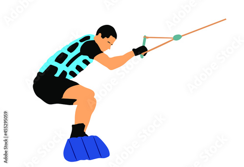 Water skiing vector illustration isolated on white background. Water ski sport. Summer time on beach. Ski acrobat on the sea. Lifeguard water patrol on duty. Kite surfer or parasailing. Kite boarding.