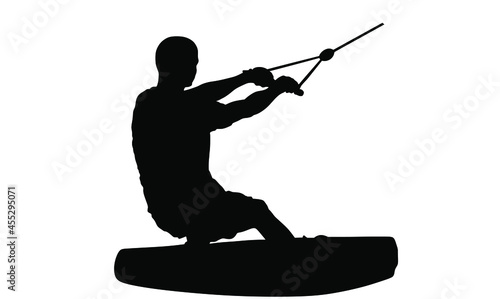 Water skiing vector silhouette illustration isolated on white. Water ski sport. Summer time on beach. Ski acrobat on the sea. Lifeguard water patrol on duty. Kite surfer or parasailing. Kite boarding.