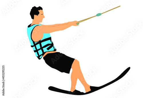 Water skiing vector illustration isolated on white background. Water ski sport. Summer time on beach. Ski acrobat on the sea. Lifeguard water patrol on duty. Kite surfer or parasailing. Kite boarding.