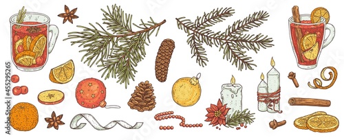 Set of mulled wine ingredients and holiday elements decoration to christmas.