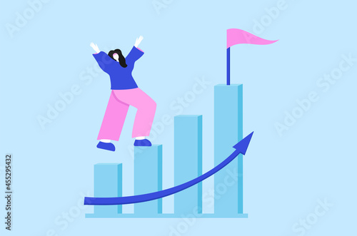 Vector concept of success step by step businesswoman goes to success. Jump on the bars graph to the success flag. Achievements, success, motivation. Vector illustration.