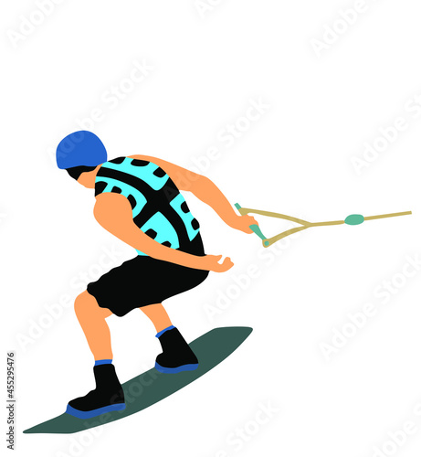 Water skiing vector illustration isolated on white background. Water ski sport. Summer time on beach. Ski acrobat on the sea. Lifeguard water patrol on duty. Kite surfer or parasailing. Kite boarding.