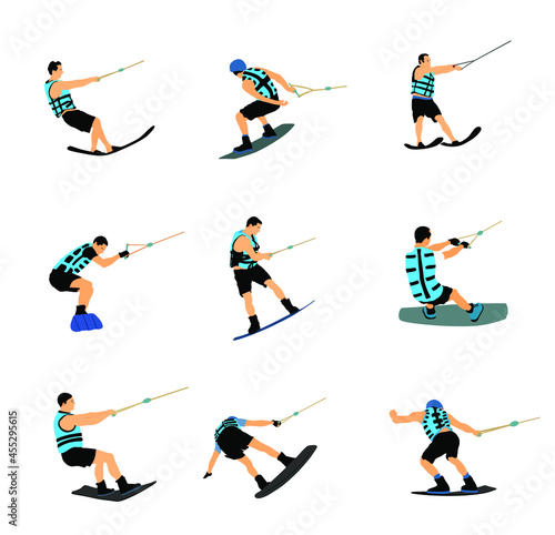 Water skiing vector illustration isolated on white background. Water ski sport. Summer time on beach. Ski acrobat on the sea. Lifeguard water patrol on duty. Kite surfer or parasailing. Kite boarding.