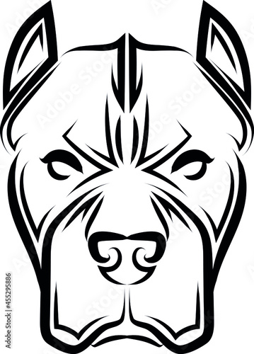 Black and white line art of Pitbull dog head. Simple minimalistic tattoo design vector illustration.