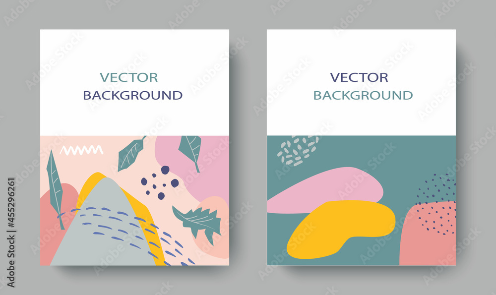 Vector set of abstract maps.Botanical design with leaves, creative doodles.Applicable for banners, posters, postcards, invitations, covers, brochures.Space for the text