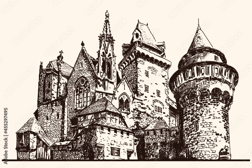 Medieval stone castle with towers. Fast linear sketch.