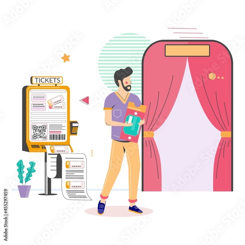 Cinema self service terminal. Man buying movie ticket at self service kiosk, flat vector illustration. E-ticket machine.