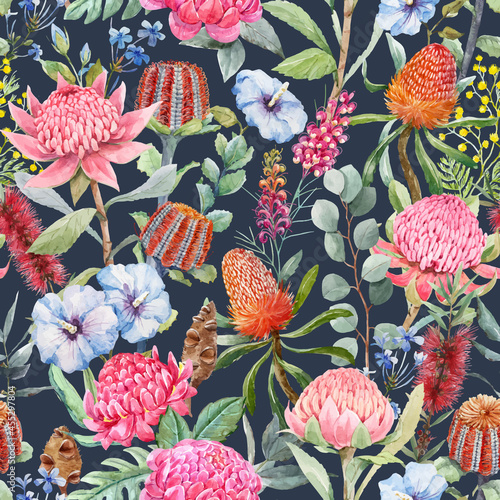 Beautiful vector autotraced seamless pattern with hand drawn watercolor protea banksia and other australian flowers. Stock illustration.