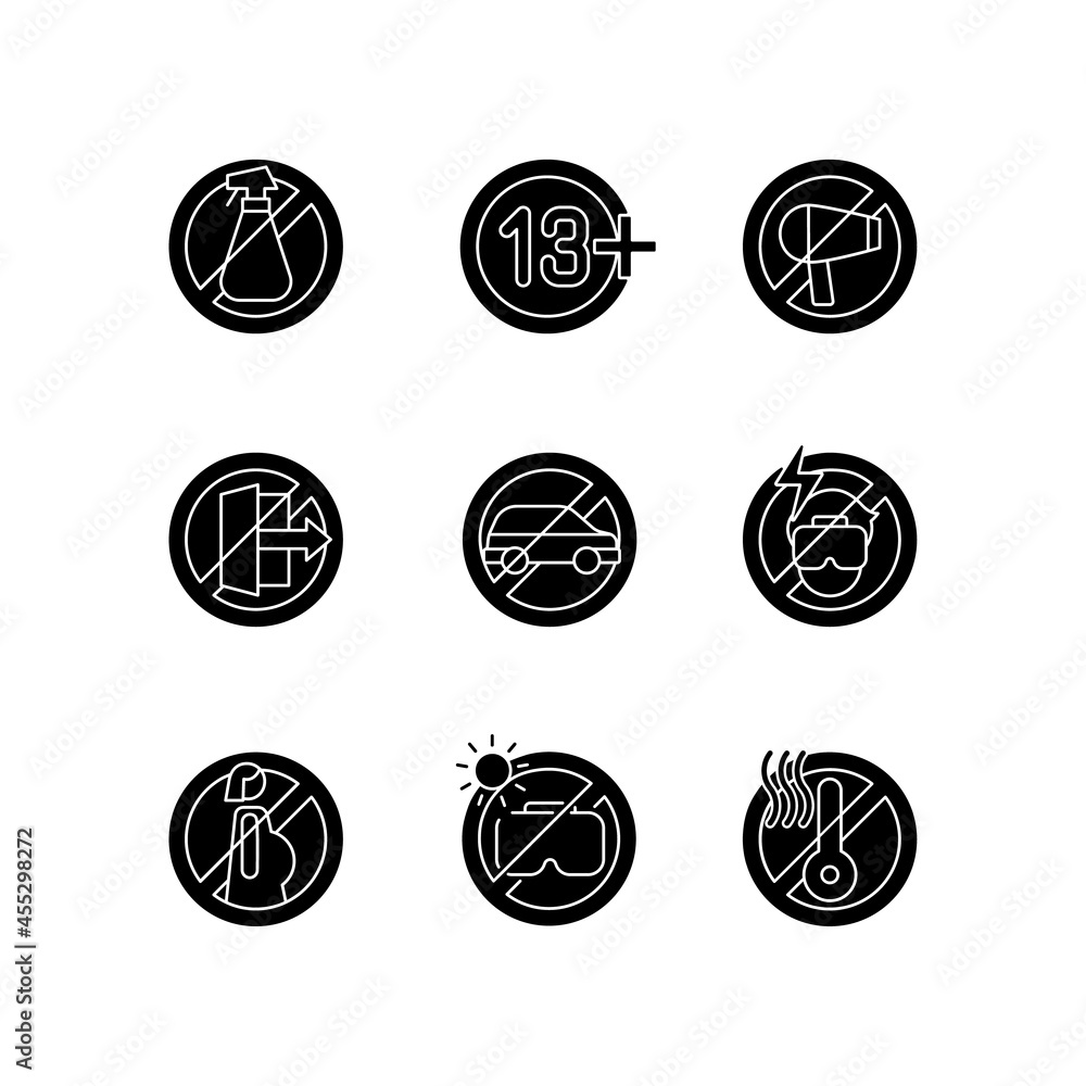 Vr glasses usage restrictions black glyph manual label icons set on white space. Virtual reality device. Silhouette symbols. Vector isolated illustration for product use instructions Vr glasses usage restrictions black glyph manual label icons set on white space. Virtual reality device. Silhouette symbols. Vector isolated illustration for product use instructions
