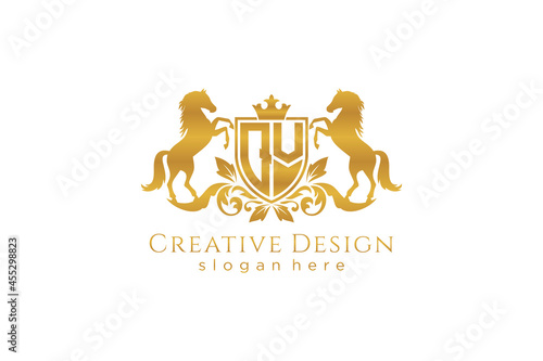 initial QV Retro golden crest with shield and two horses, badge template with scrolls and royal crown - perfect for luxurious branding projects