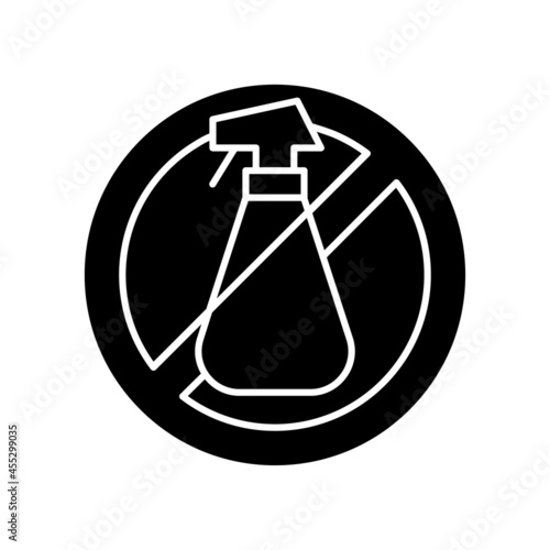 Do not use cleaning agents black glyph manual label icon. Alcohol is abrasive for lenses. Silhouette symbol on white space. Vector isolated illustration for product use instructions