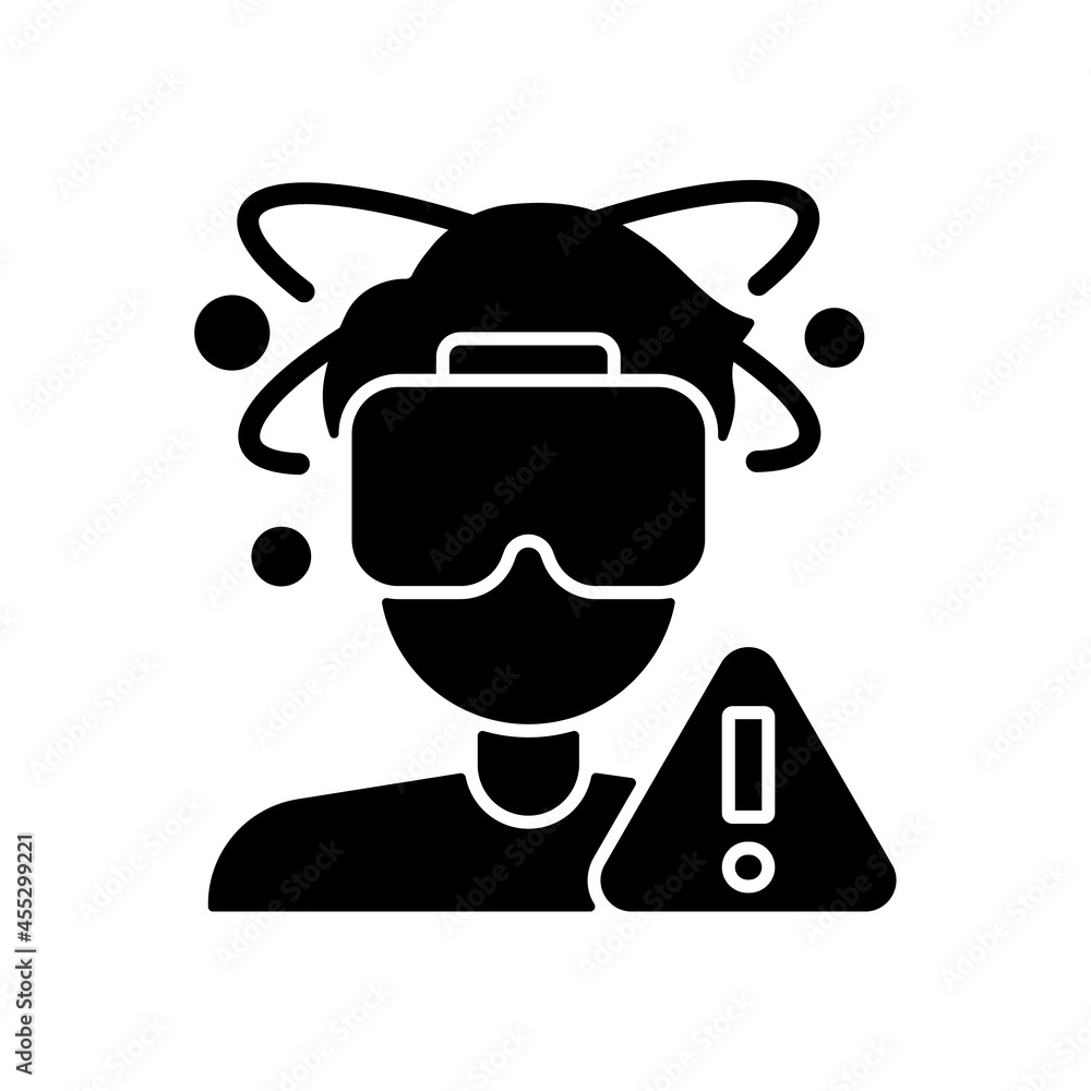 Can cause loss of balance black glyph manual label icon. Long-term playing causes nausea. Silhouette symbol on white space. Vector isolated illustration for product use instructions Can cause loss of balance black glyph manual label icon. Long-term playing causes nausea. Silhouette symbol on white space. Vector isolated illustration for product use instructions