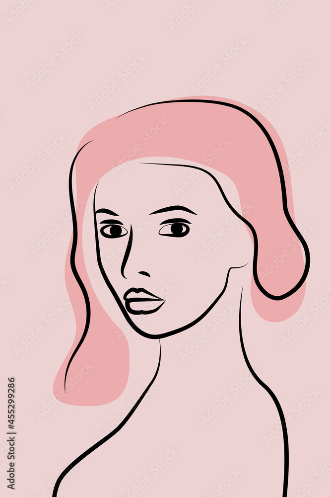 A simple silhouette of a woman with full lips. Black line on pink background. Portrait line art minimalistic style. A simple silhouette of a woman with full lips. Black line on pink background. Portrait line art minimalistic style.