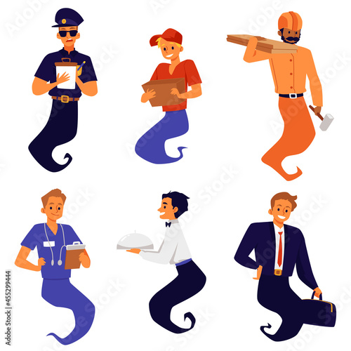 Characters of genie of various professions, flat vector illustration isolated.