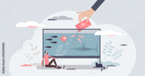 Food for fish and aquatic animal feeding with nutrition tiny person concept. Special elements and vitamins for fishkeeping hobby vector illustration. Medicated and prepared healthy eating for species.