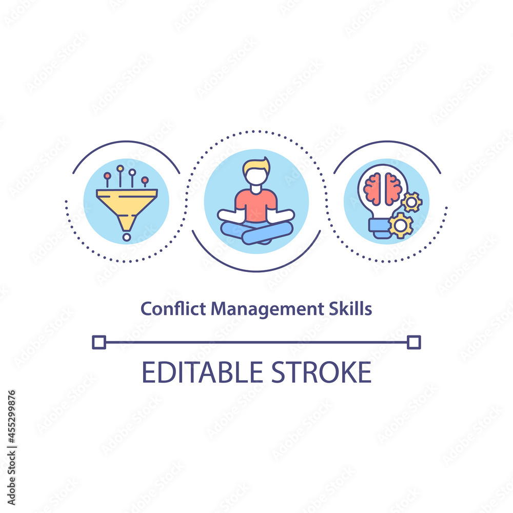 Conflict management skills concept icon. Learn strategy to resolve relations problem. Communication abstract idea thin line illustration. Vector isolated outline color drawing. Editable stroke Conflict management skills concept icon. Learn strategy to resolve relations problem. Communication abstract idea thin line illustration. Vector isolated outline color drawing. Editable stroke