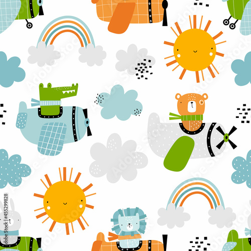 Vector hand-drawn seamless childish pattern with cute funny bunny, bear, crocodile, lion pilot on the plane on a white background. Kids texture for fabric, wrapping, textile, wallpaper, apparel.
