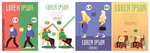 Banners with tired and full of energy elderly people, flat vector illustration.