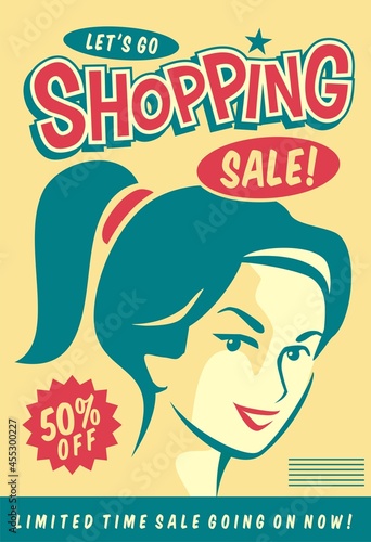 Sale banner advertisement with young girl portrait. Retro vector ad for shopping mall. Promotional poster template design.