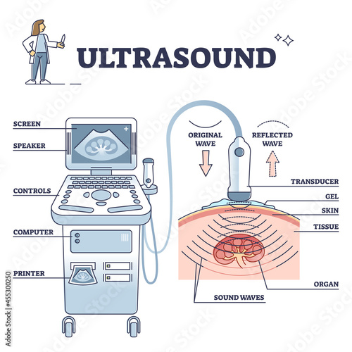 Ultrasound patient analysis process and equipment explanation outline diagram. Radiology scanner for medical research and diagnosis vector illustration. Sonar computer with wave reflection transducer.