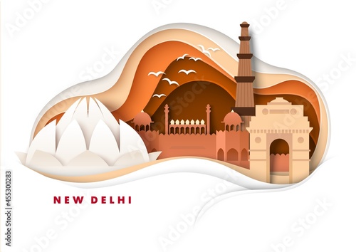 New Delhi city skyline, vector paper cut illustration. India Gate, Lotus Temple, world famous landmarks. Global travel. photo
