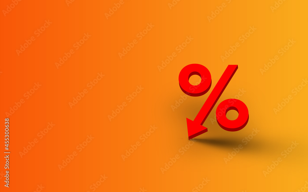 Fototapeta Red percent symbol on orange background worth arrow down sign. Discount And Promotion Concept