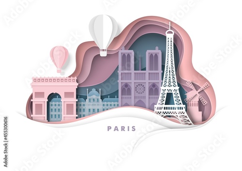Paris city, France, vector paper cut illustration. Eiffel Tower, Notre Dame Cathedral, world famous landmarks. Travel.