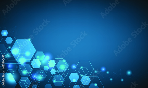 Abstract network and security background with surface of hexagon. Cummnication of artificial intelligence with shine bright line and dot connection. Digital template for design. 