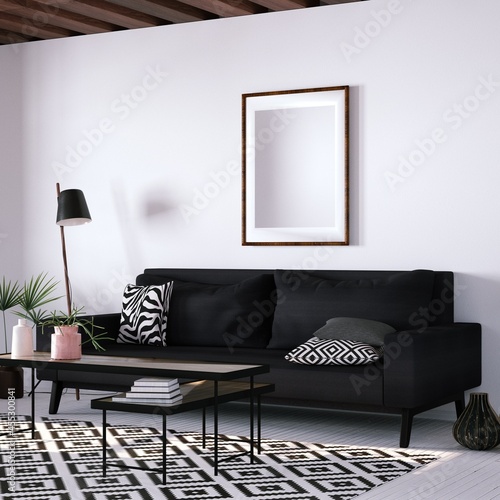 Modern Interior with Geometric Decorations with Empty Art Print Frame Mockup On Walls