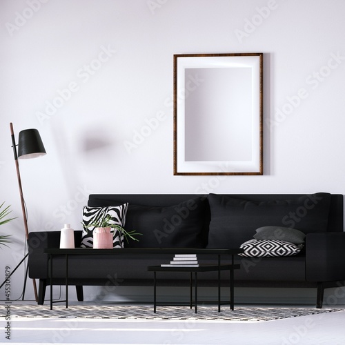 Modern Interior with Geometric Decorations with Empty Art Print Frame Mockup On Walls