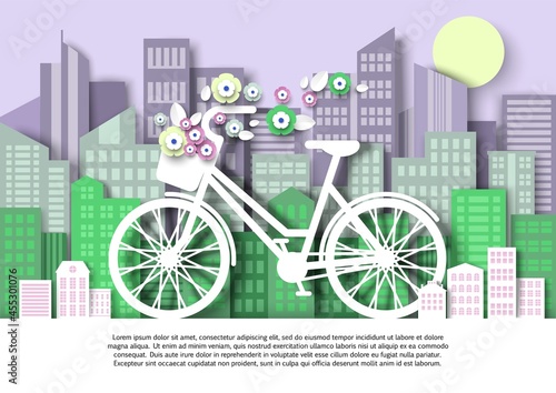 Women bicycle with flower basket, city building silhouettes, vector paper cut illustration. City eco transport poster.