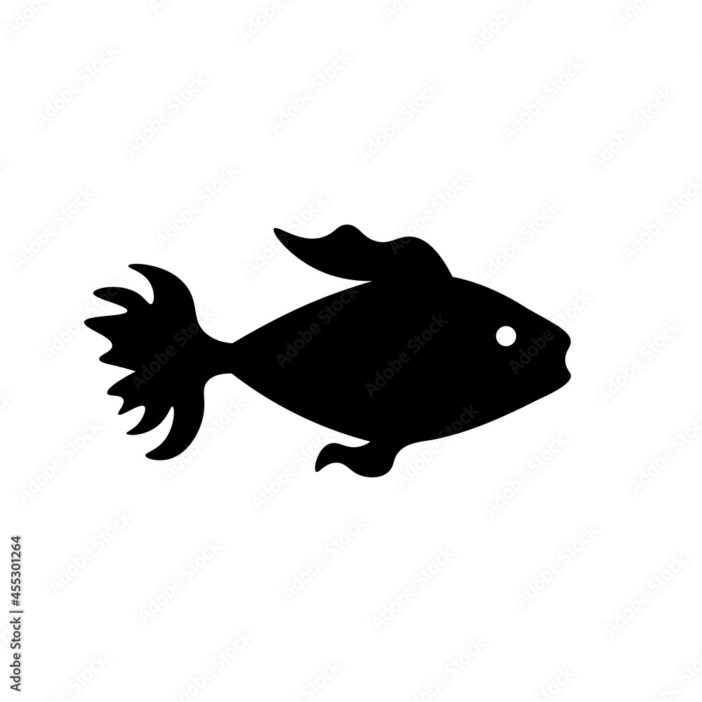 Fish icon black silhouette. A flat fish logo symbol. Black illustration on white background. Isolated object.
