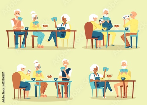 Groups of elderly people playing cards flat vector illustration isolated.