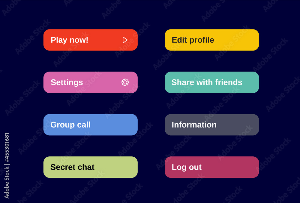 Set of Modern Gradient App, Website page or Game Buttons. Trendy gradient colors. Flat design. Set of Modern Gradient App, Website page or Game Buttons. Trendy gradient colors. Flat design.