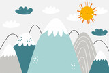 Vector children hand drawn color mountain illustration in scandinavian style. Mountain landscape, clouds and cute sun. Kids wallpaper. Mountainscape, baby room design, wall decor.
