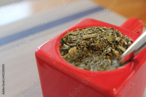 Close-up shot of red mate, traditional Argentinian drink.