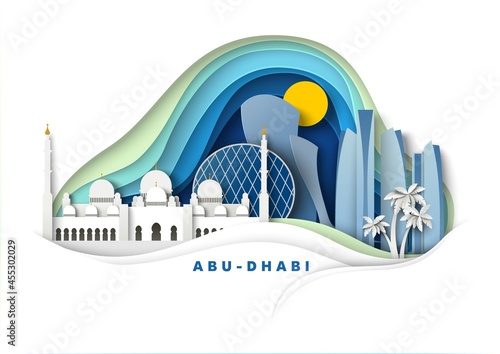Abu Dhabi city, UAE, vector paper cut illustration. Grand Mosque, famous landmark and tourist attraction. Global travel. photo