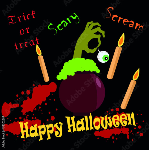 severed zombie hand and cauldron of potion