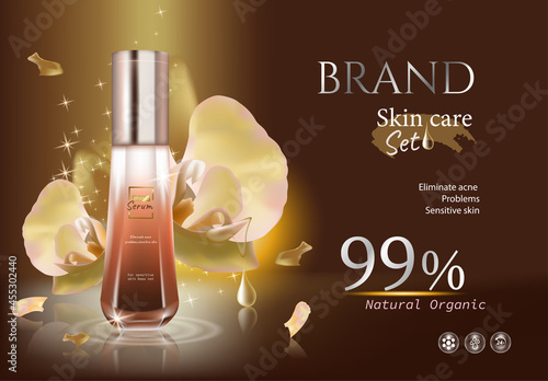 Dark gold ads bottles of essence skin care with drop water and flower Cut. Banner vector Illustration