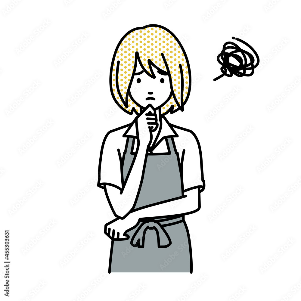立って手をあごにあてて困っているカフェ店員の女性 立って手をあごにあてて困っているカフェ店員の女性