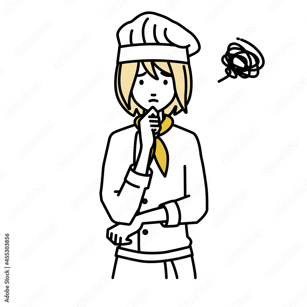 立って手をあごにあてて困っている調理師の女性 立って手をあごにあてて困っている調理師の女性